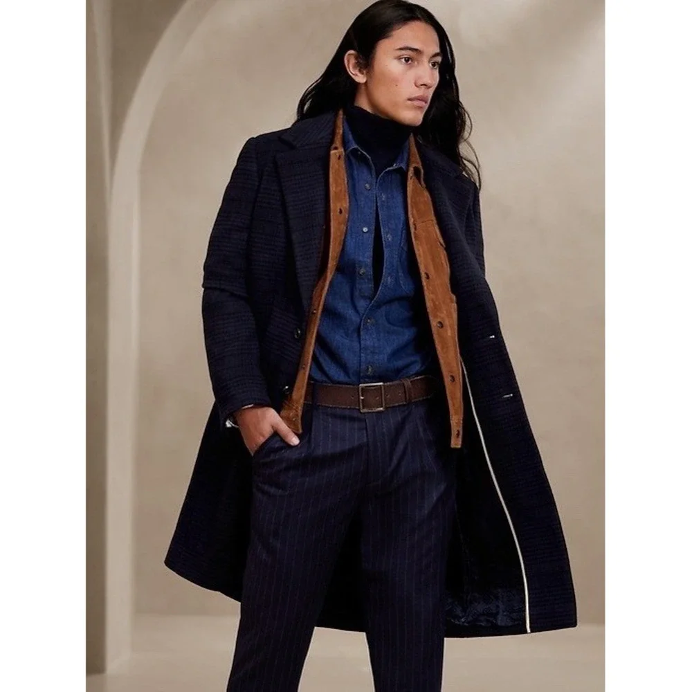 BANANA REPUBLIC Trento Plaid Topcoat Trench Coat Men's Medium Navy Wool Emmetex